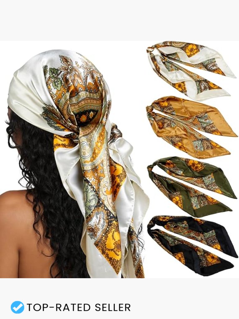 4 Pack Square Silk-Like Scarves For Women 35 Inch Hair Wraps & Bandanas